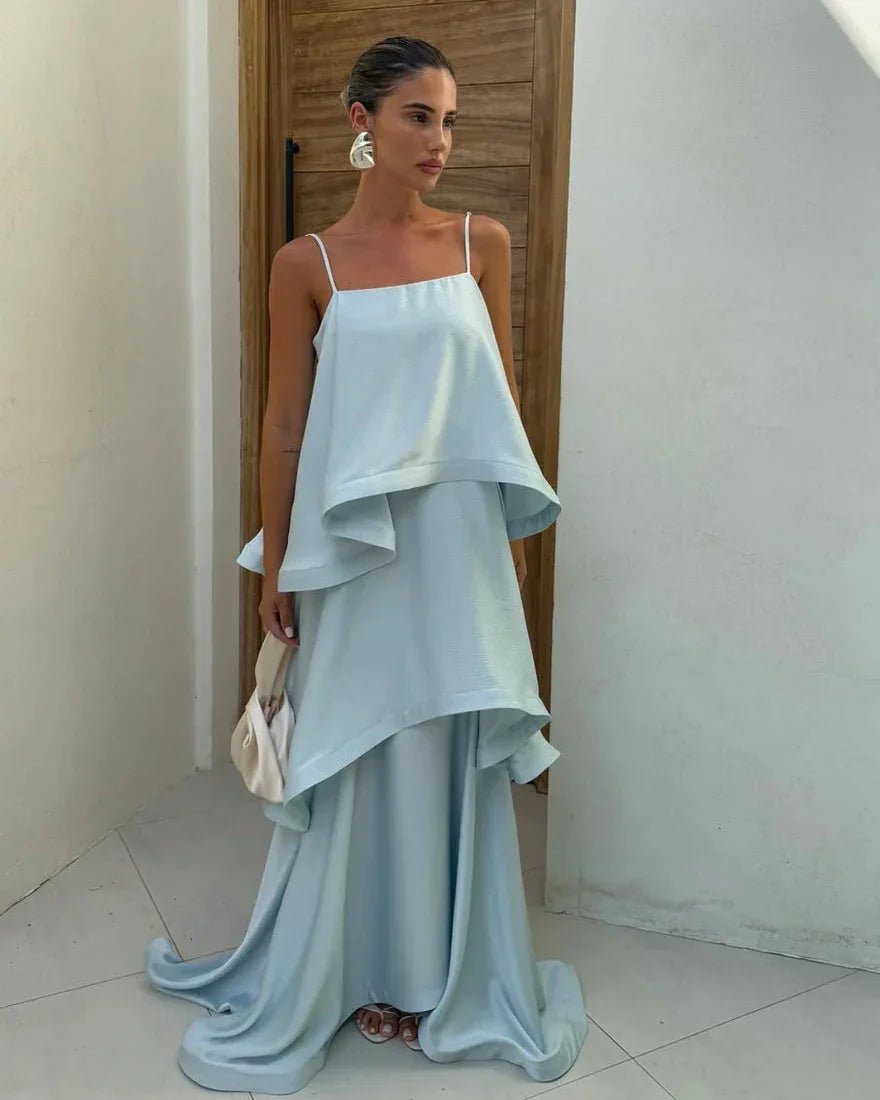 SOERA Aishwara Tiered Ruffle Satin Maxi Dress - Dress - SOERA-288579-BLU-M-56771 Blue M