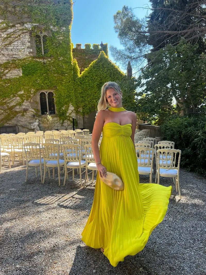 SOERA Aishwari Halter Ruched Maxi Dress with Scarf - Dress - SOERA-795907-LIM-M-43203 Lime Yellow M