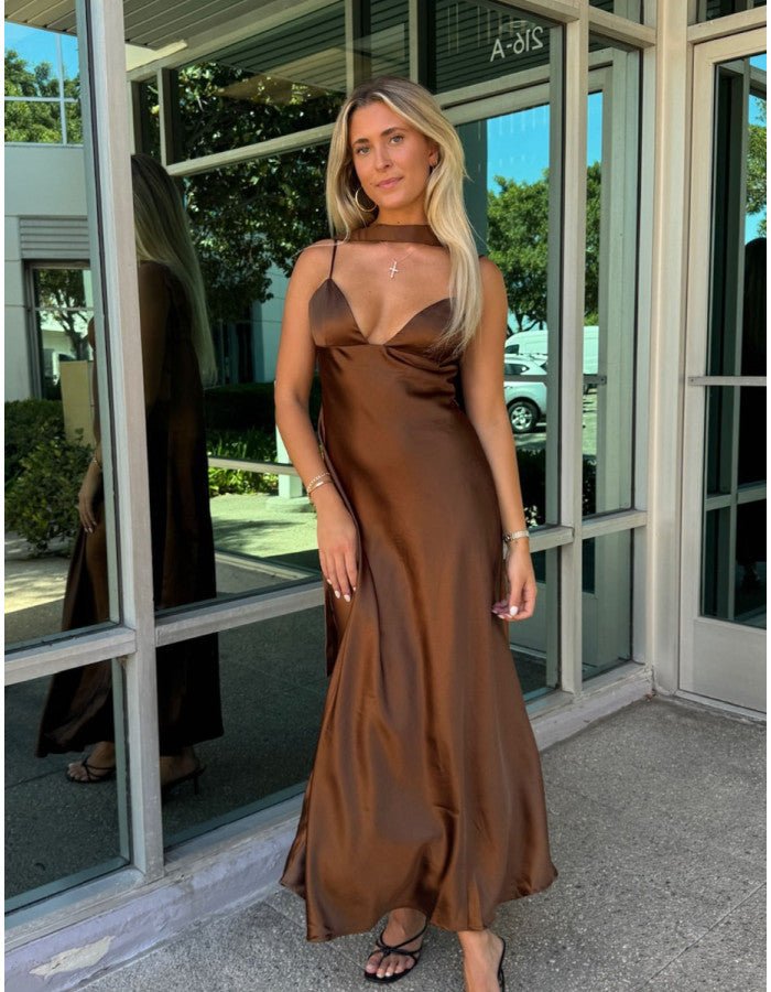 SOERA Astraea Satin Maxi Dress with Scarf - Dress - Brown XS