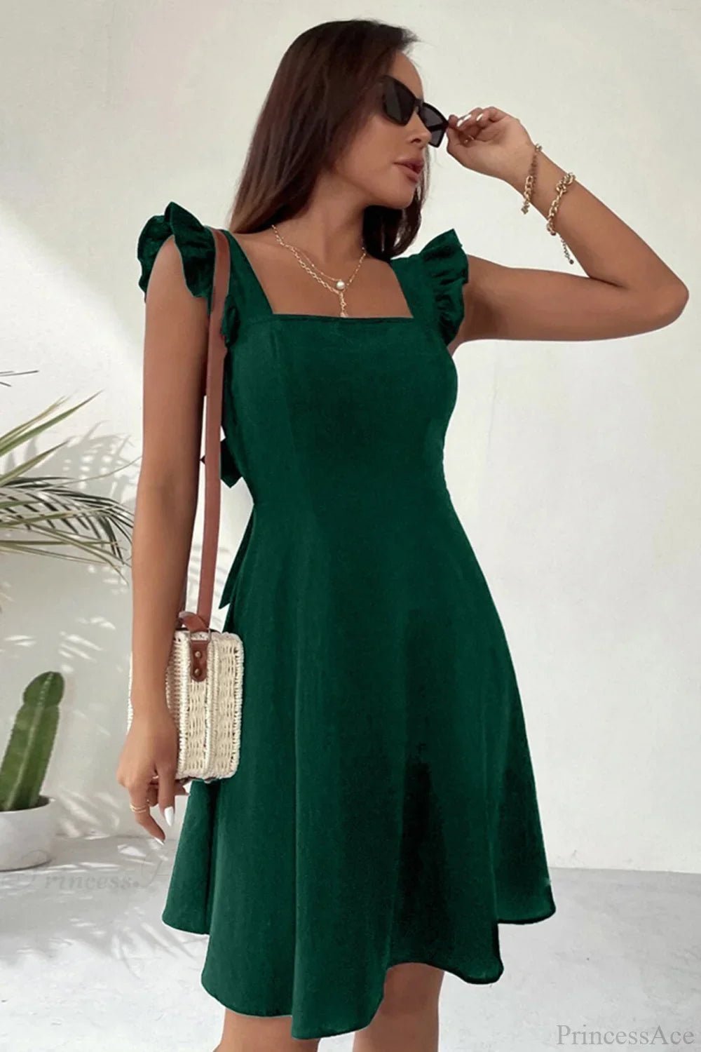 SOERA Bianca Sleeveless Mini Dress with Ruffle Tie - back - Dress - Dark Green XS