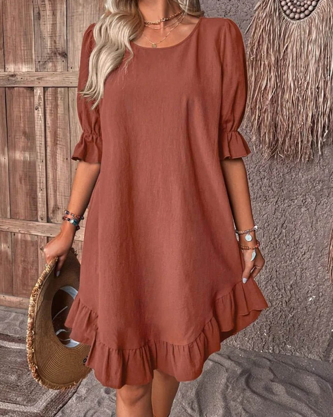 SOERA Celeste Ruffle Hem Smock Dress - Dress - Brown S