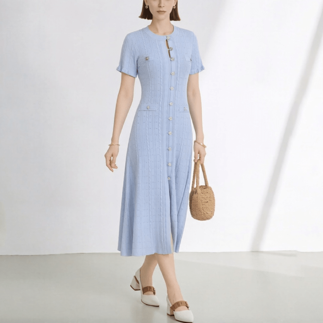 SOERA Hannelore French V - Neck Knitted Slit Dress - Dress - Light Blue XS