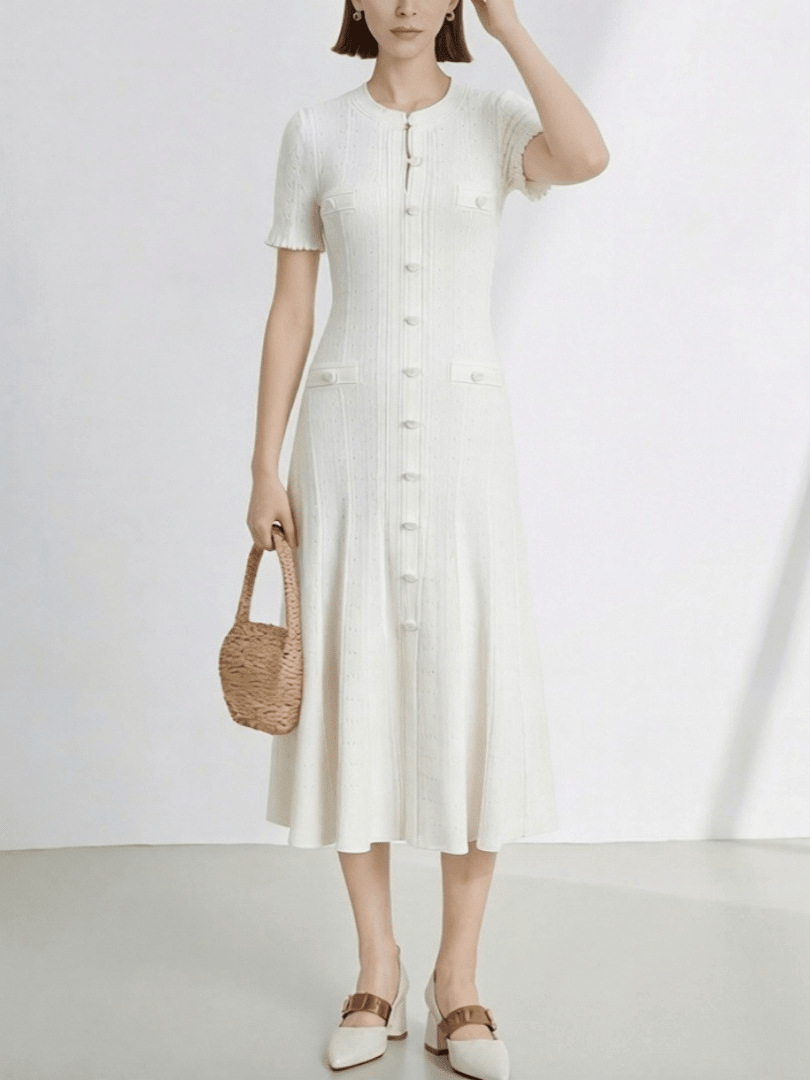 SOERA Hannelore French V - Neck Knitted Slit Dress - Dress - White XS