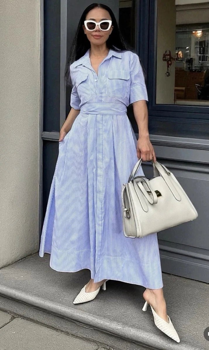 SOERA Katniss Striped Lace - Up Collar Maxi Dress - Dress - Blue XS
