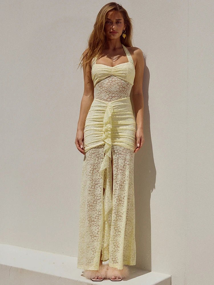 SOERA Selene Lace Draped Halter Maxi Dress - Dresses - Pink S
