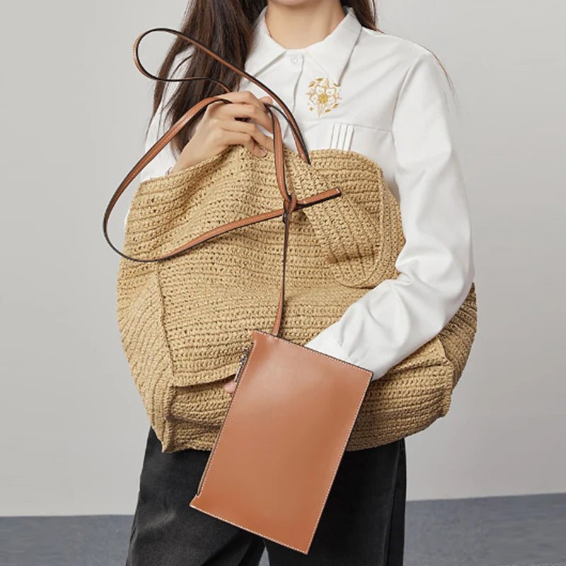 SOERA Aimee Handwoven Straw Beach Tote Bag - Handbags - Dark Brown