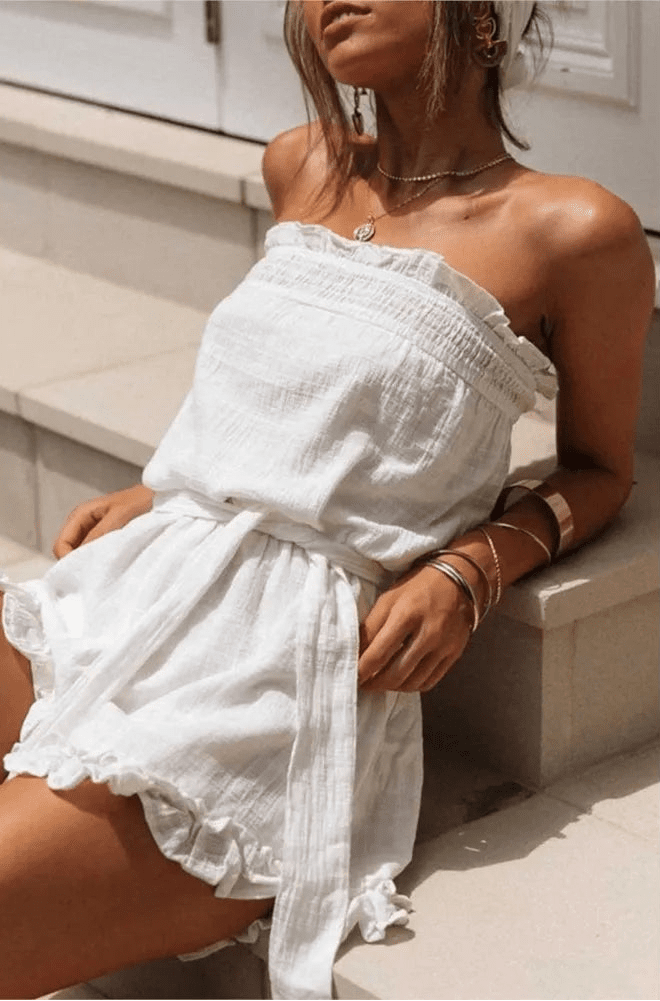 SOERA Beatrice Belted Tube Top Jumpsuit - Jumpsuit - White S
