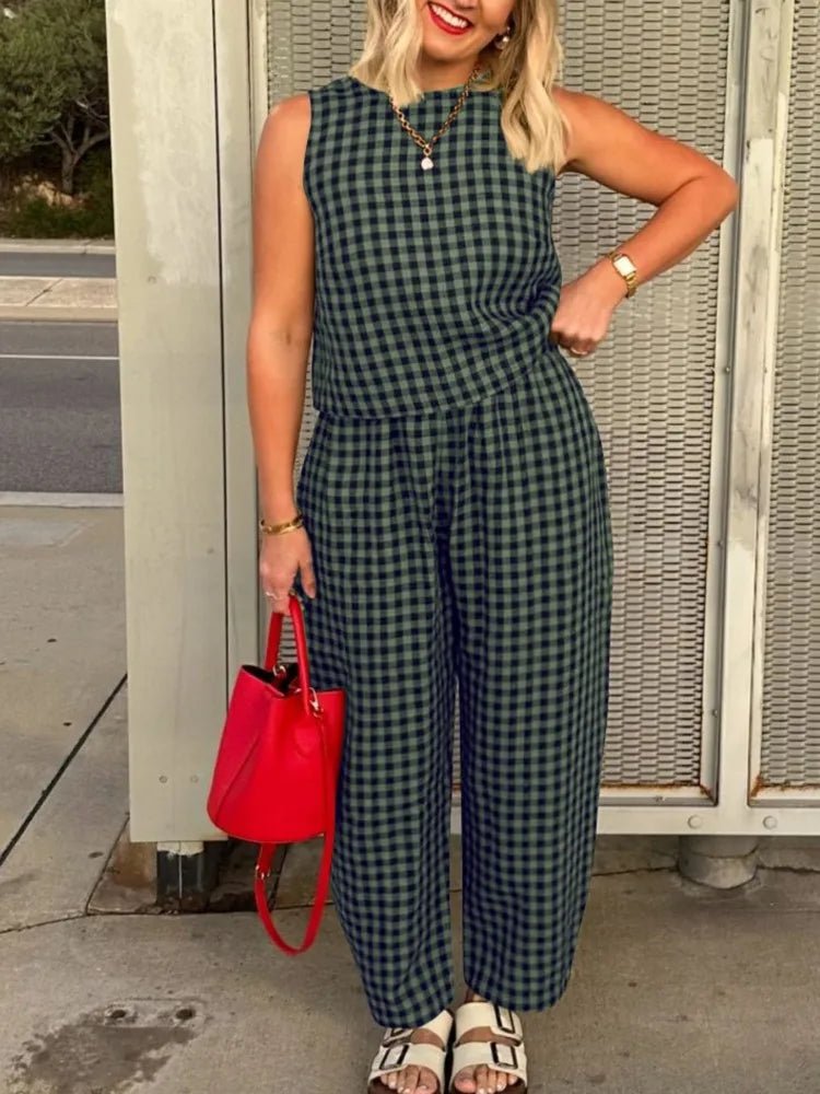 SOERA Zara Plaid Sleeveless Vest Nine Point Pants Set - Jumpsuit - Olive M