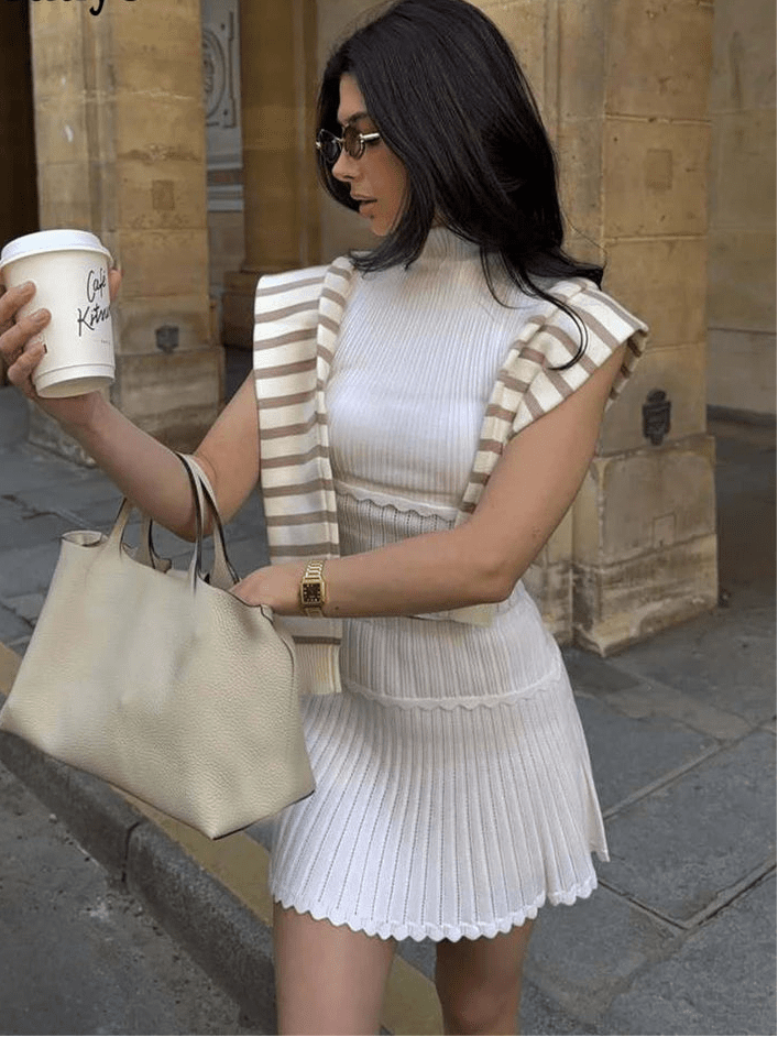 SOERA Bianca Two - Piece Knitted Crop Top & Pleated Mini Skirt Set - Matching Sets - White S