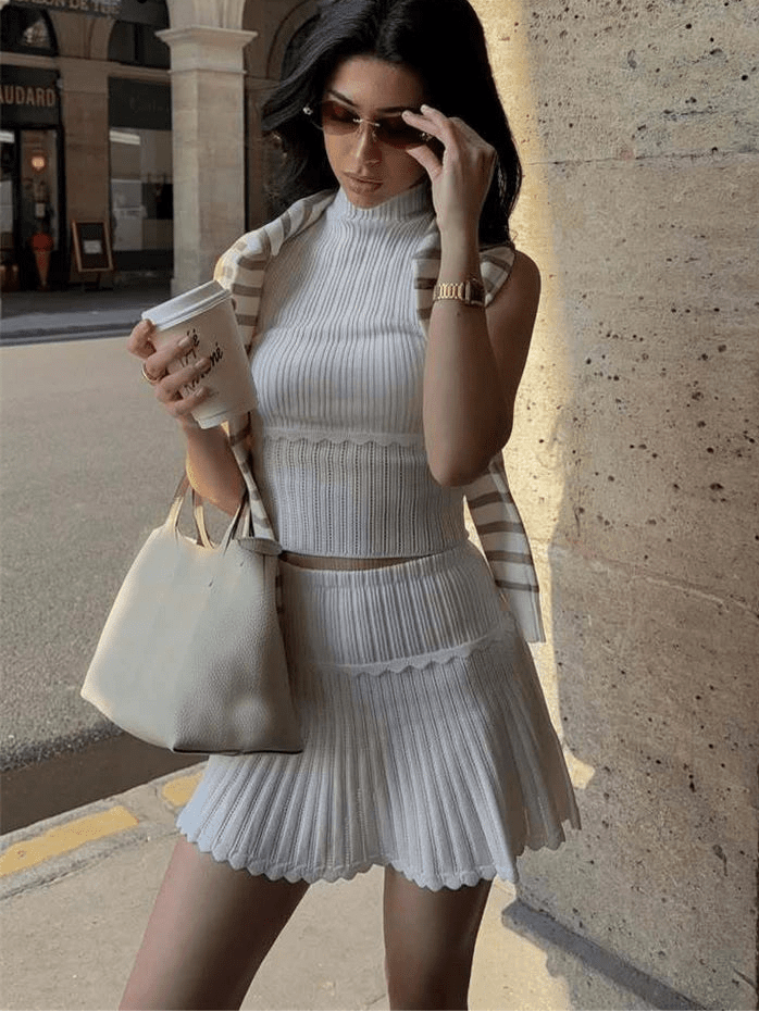 SOERA Bianca Two - Piece Knitted Crop Top & Pleated Mini Skirt Set - Matching Sets - White XS