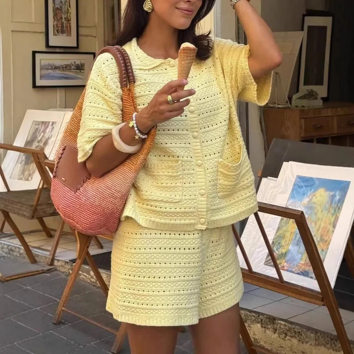 SOERA Sasha Solid Knit Cardigan Shorts Set - Matching Sets - Yellow M
