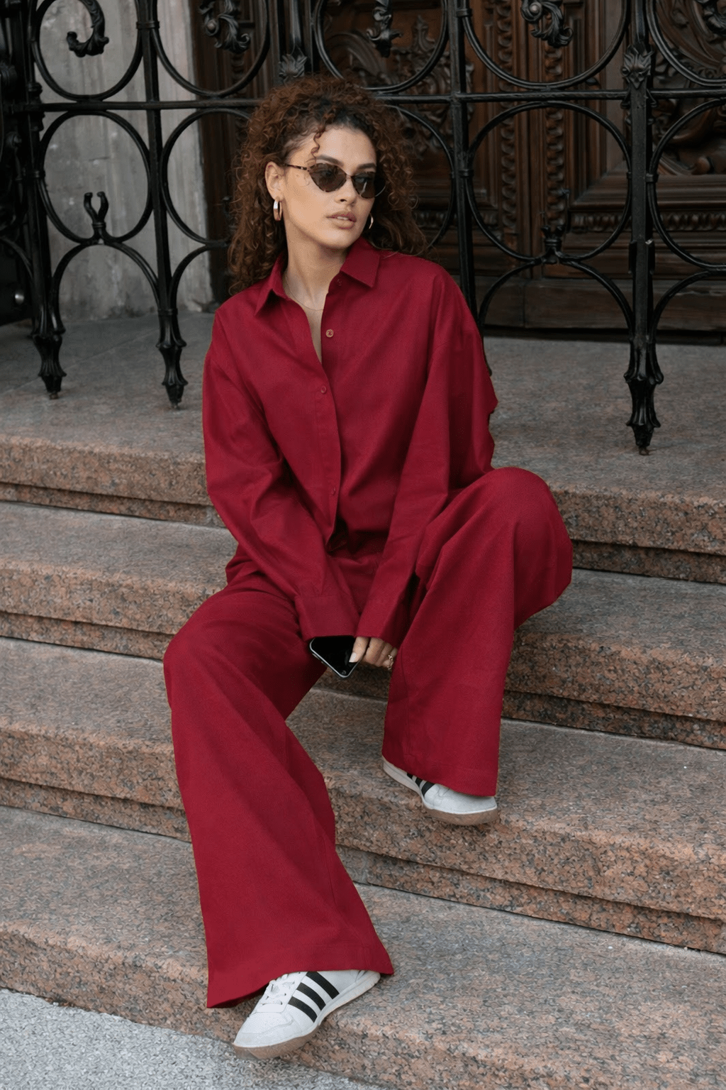 SOERA Bianca Relaxed Cotton Shirt & Wide-Leg Pants Set - Set - Red L