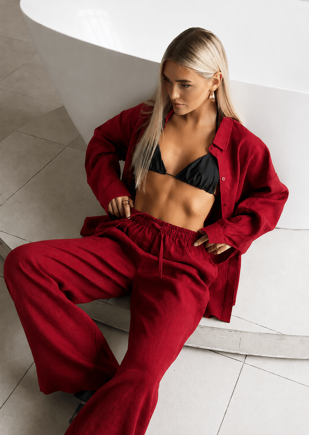 SOERA Bianca Relaxed Cotton Shirt & Wide-Leg Pants Set - Set - Red M