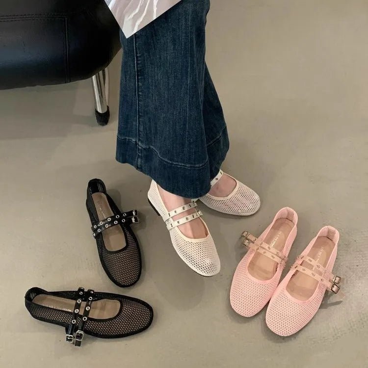 SOERA Valerie Buckled Mesh Ballet Flats - Shoes - 1005008919633161-;Fl1774869391272315552 Black 39