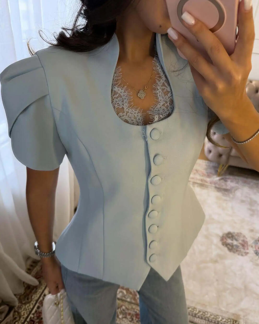 SOERA Bianca Button Front Stand Collar Top - Tops - Blue S