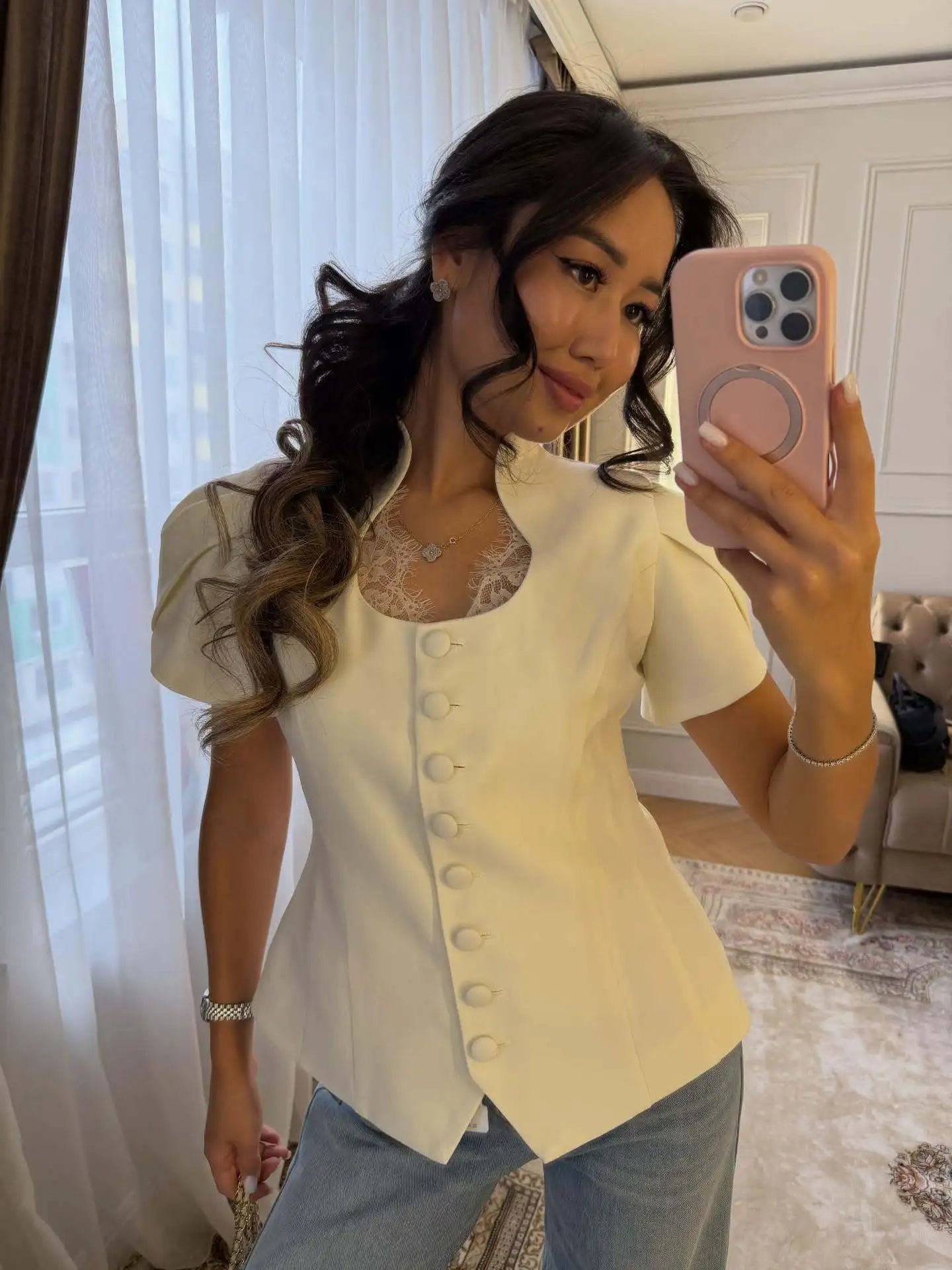 SOERA Bianca Button Front Stand Collar Top - Tops - White XS