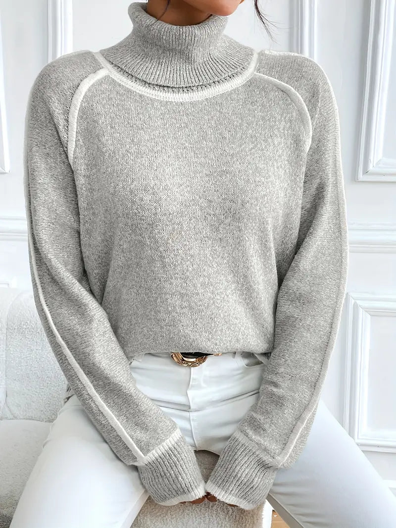 SOERA Juvy Contrasting Turtleneck Sweater - Tops - WM1763304746551246370 Gray L
