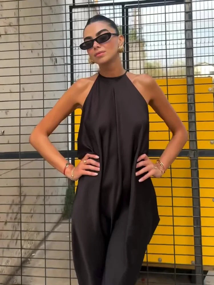 Indira saténové maxi šaty s halter výstřihem