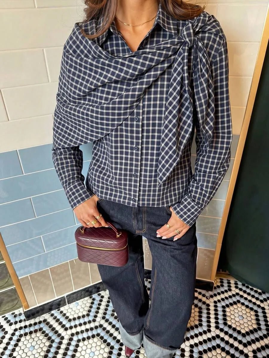 SOERA Lena Plaid Scarf-Tie Shirt - Blouse - SOERA-660931-S-NAVY-80771 Navy S