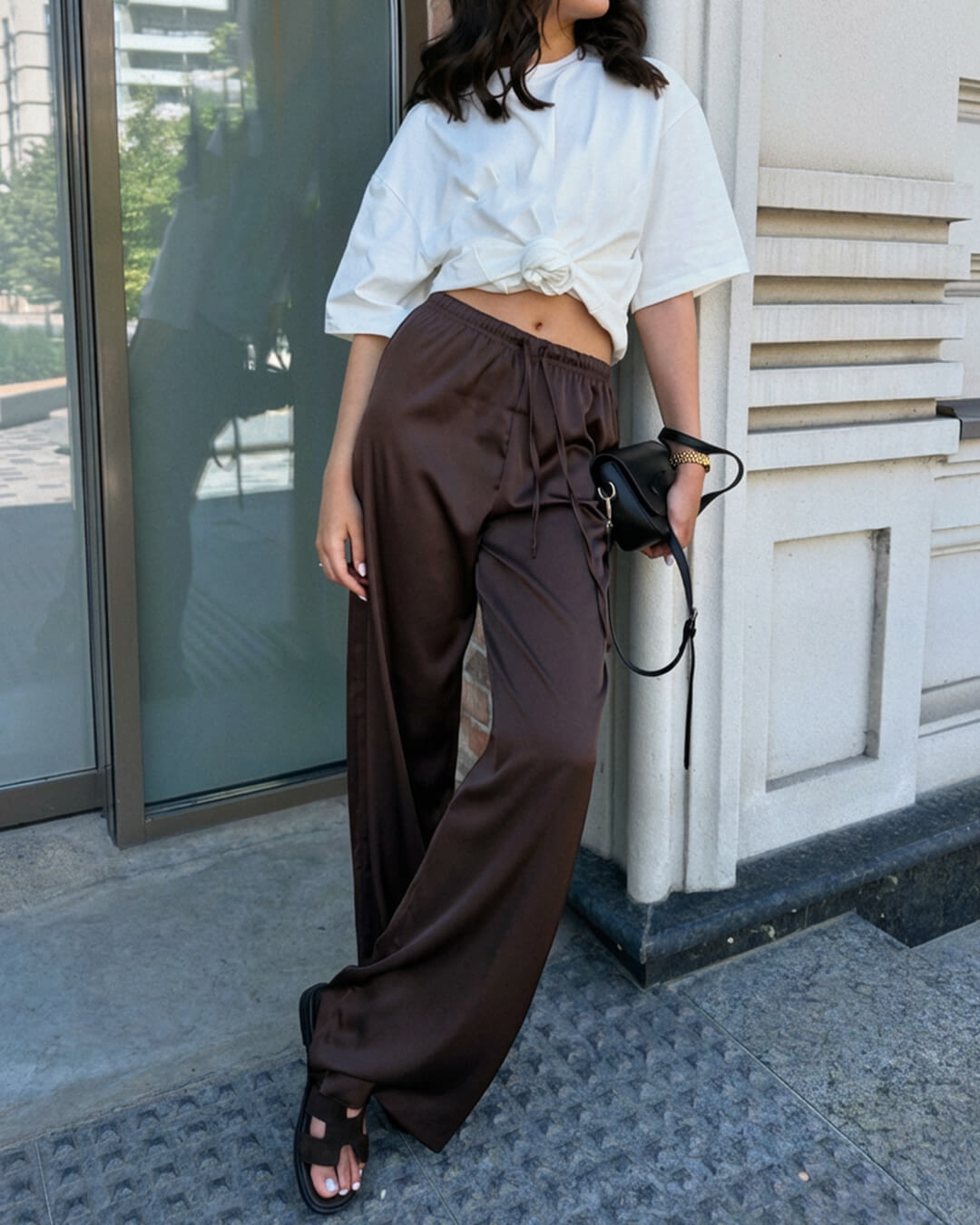 SOERA Norma High Waist Satin Wide Leg Trousers - Bottoms - 1005009534904523-;Nh1769414230182702051 Brown M