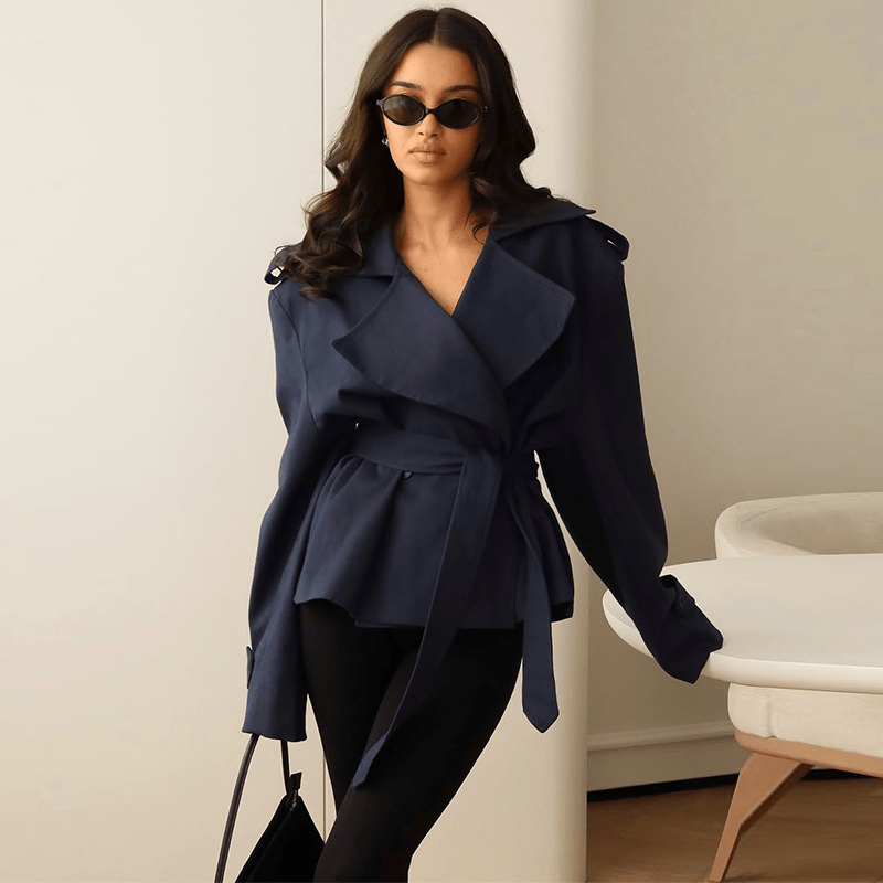 SOERA Barbara Belted Short Trench Coat - Coats & Jackets - 1005009823431445-;ZE1772045932114671629 Navy Blue S