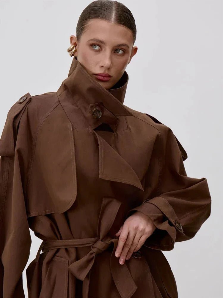 SOERA Sonia Lace Up Stand Collar Trenchcoat - Coats & Jackets -  Dark Brown S