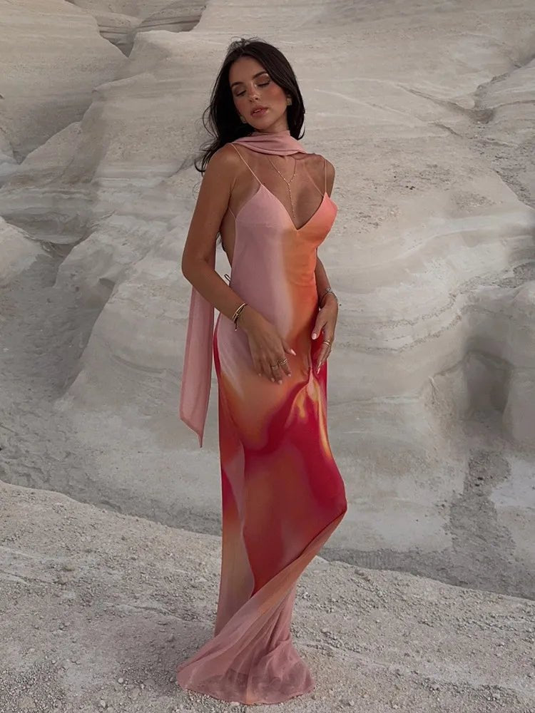 SOERA Aishya Open-Back Ombre Satin Maxi Dress - Dress - SOERA-614339-ORA-M-87747 Orange M
