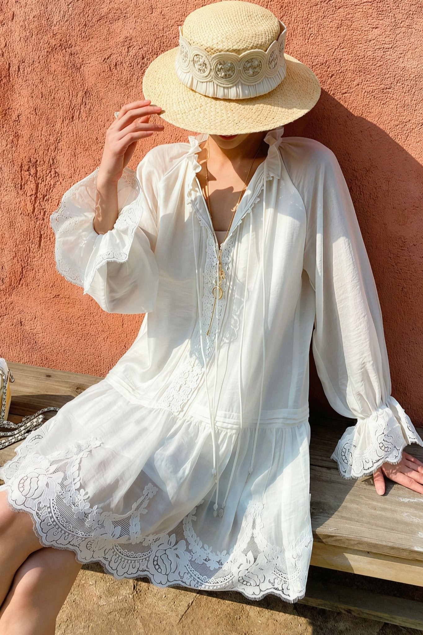 SOERA Imara Linen Lace Patchwork Midi Dress - Dress -  Offwhite L