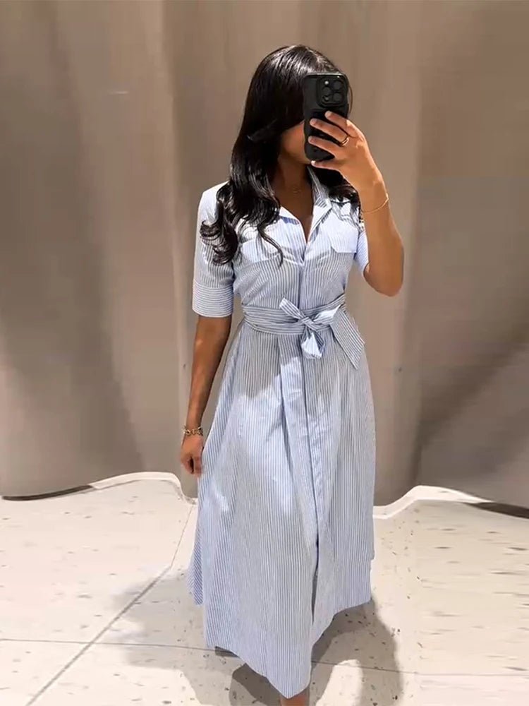 SOERA Katniss Striped Lace - Up Collar Maxi Dress - Dress -  Blue M