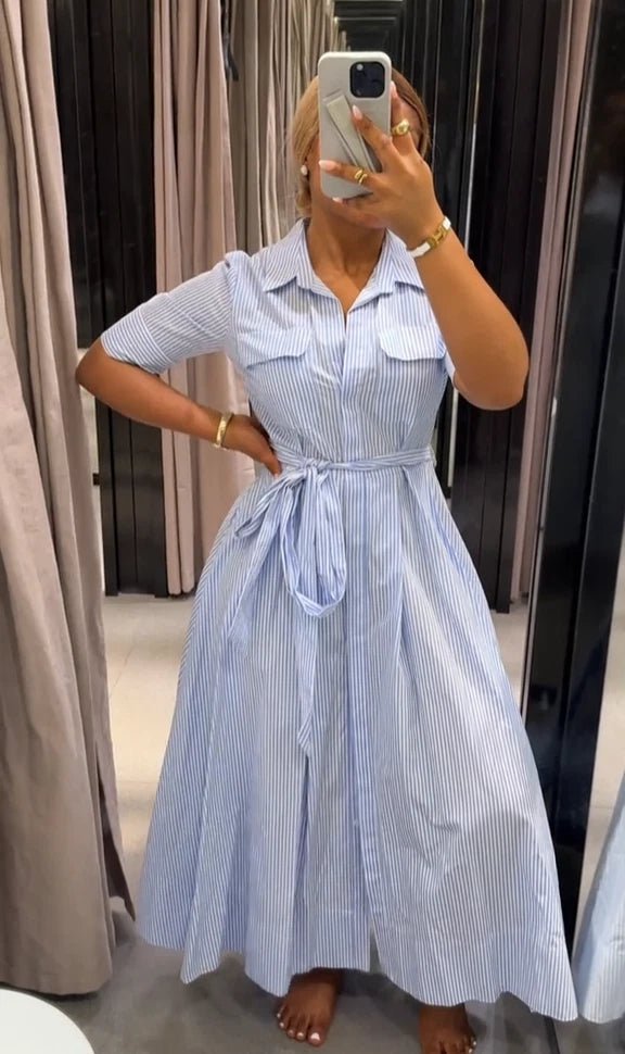 SOERA Katniss Striped Lace - Up Collar Maxi Dress - Dress -  Blue XS