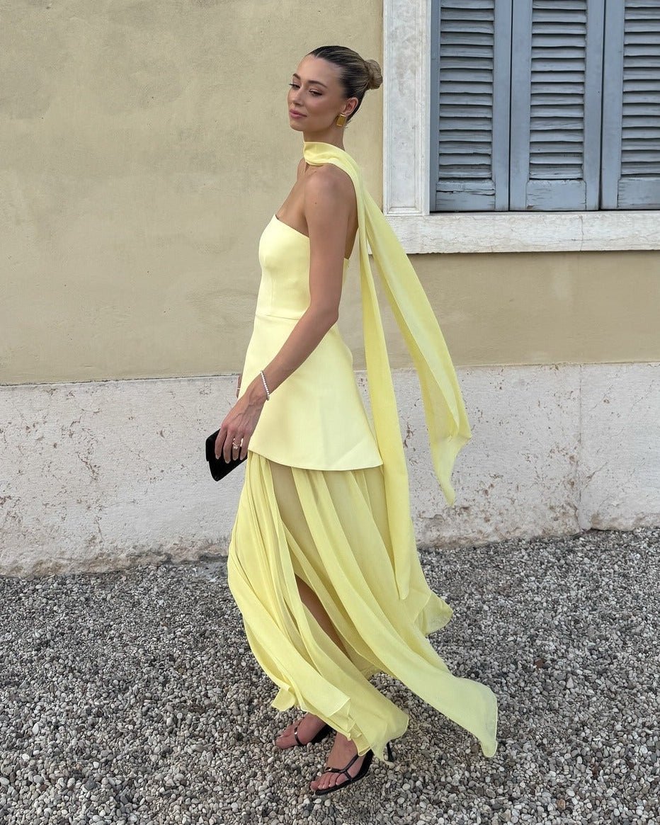 SOERA Ophelia Asymmetric Sheer Maxi Dress - Dress - SOERA-028419-M-BUTTER-85059 Butter Yellow M