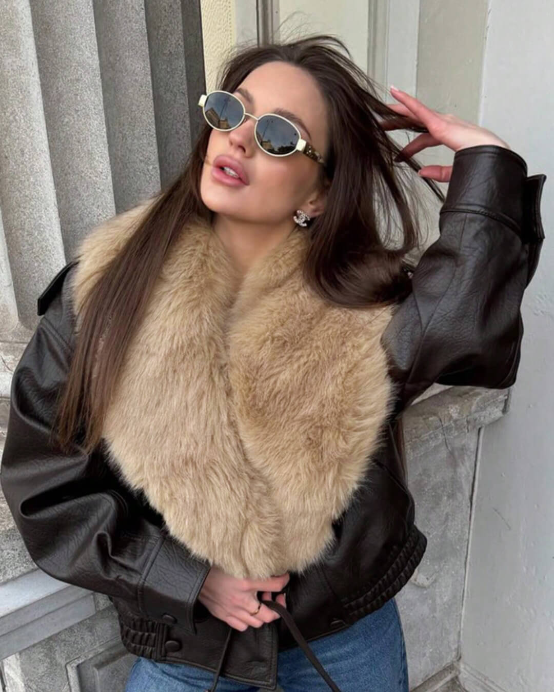Francesca Faux Leather Jacket with Detachable Fur Collar
