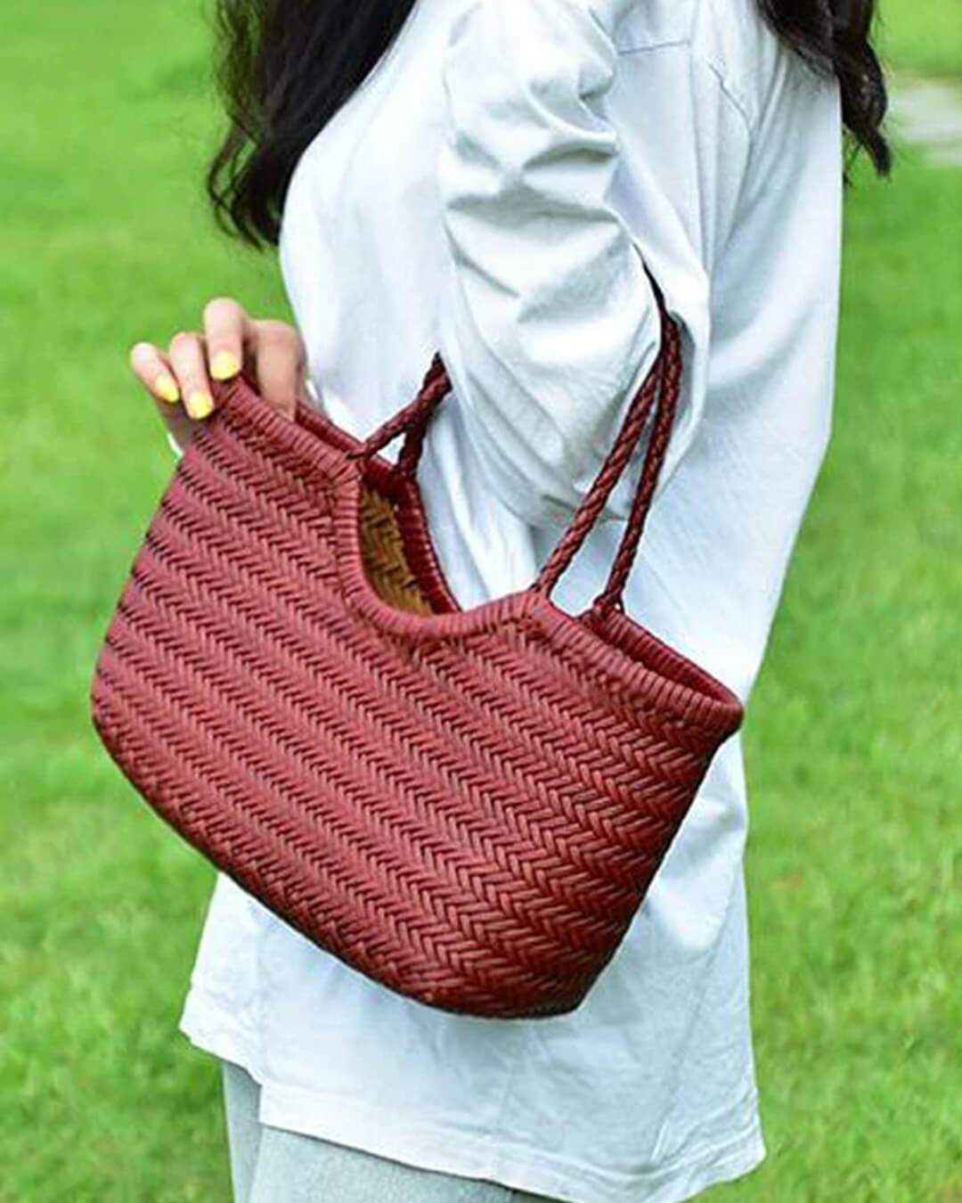 SOERA Beatrice Woven Leather Tote Bag - Handbags -  Burgundy Small