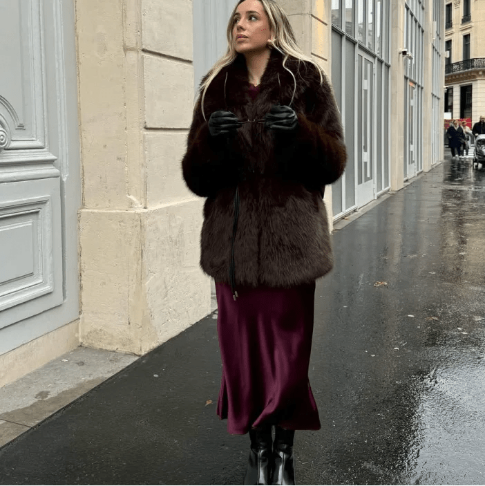 SOERA Faith Faux Fur Coat with Belt - Jackets - 3256807954805802-;jg1763625122208790203 Dark Brown L