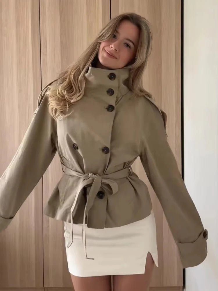 SOERA Kara Stand Collar Belted Crop Trenchcoat - Jackets - 1005009693239722-;SM1771494648620968832 Tan XS