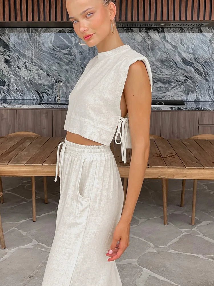 SOERA Delfina Linen Crop Top Two Piece Set - Matching Sets -  Beige XL