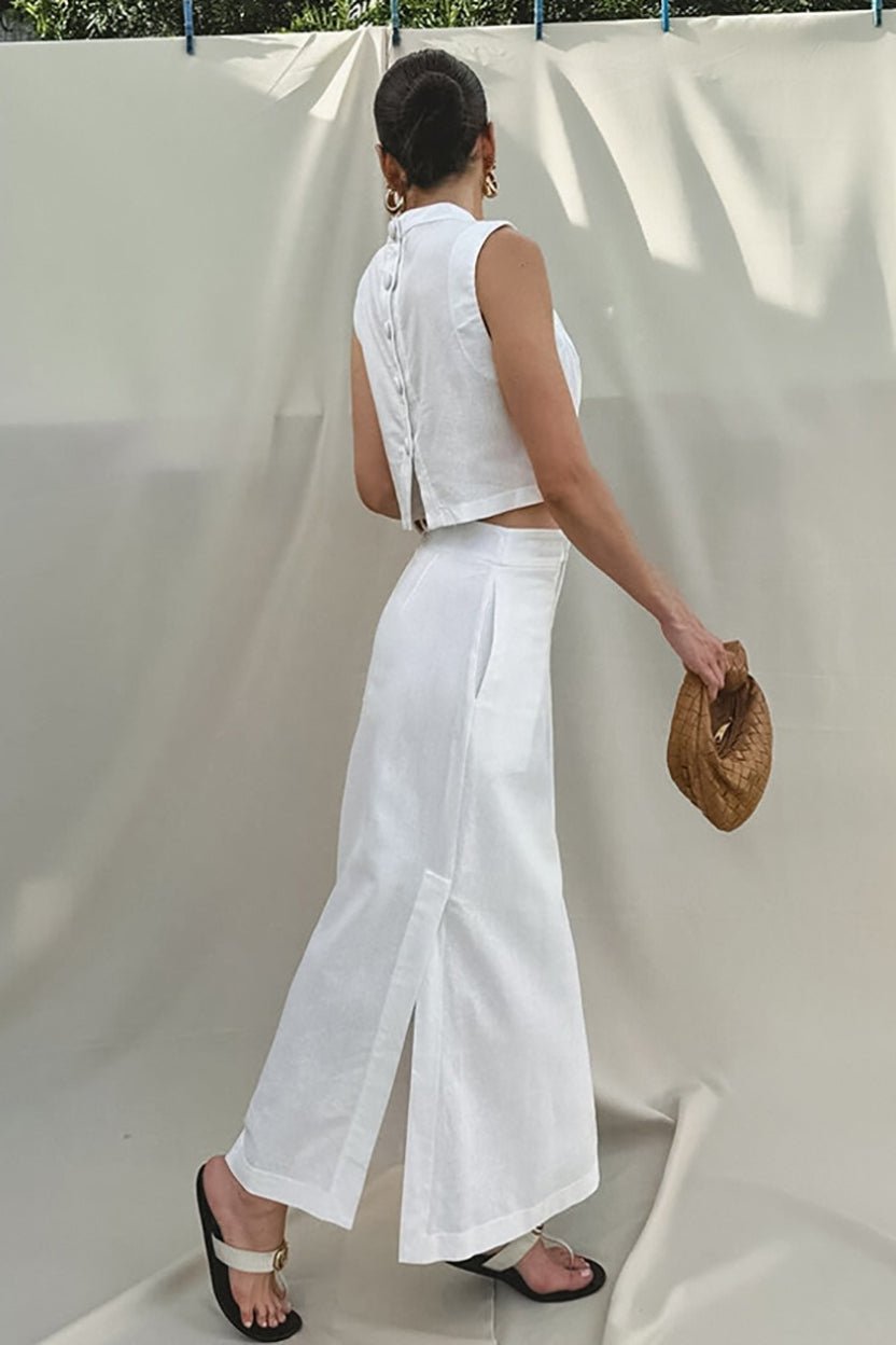 SOERA Nala Linen Cotton Sleeveless Slit Set - Matching Sets -  White S