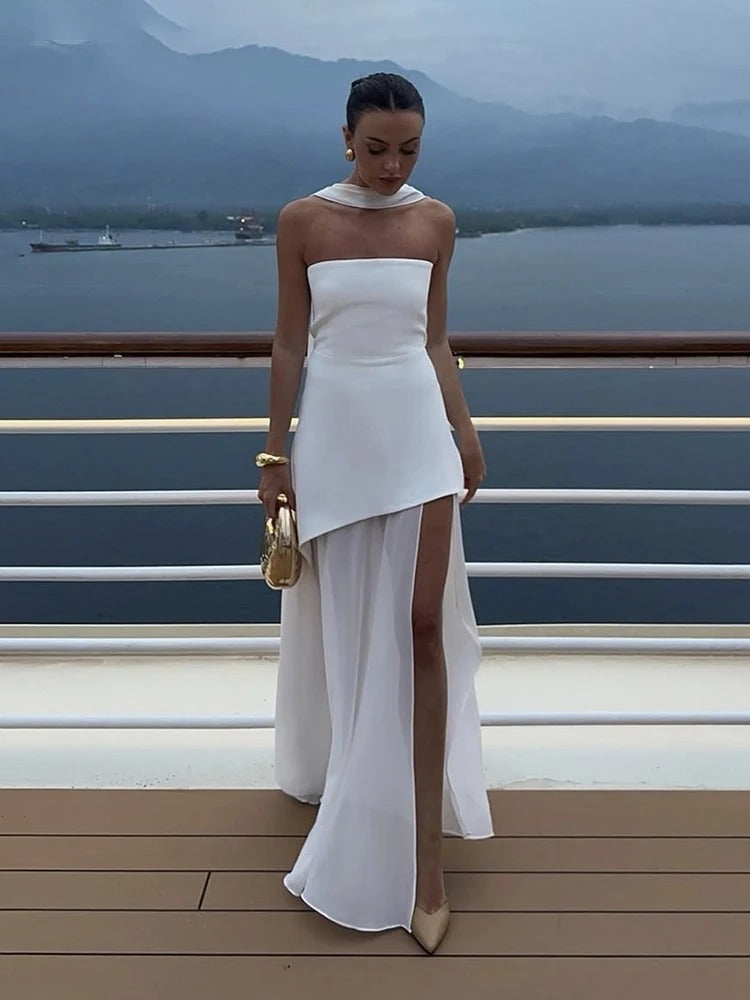 Ophelia asymetrické průsvitné maxi šaty