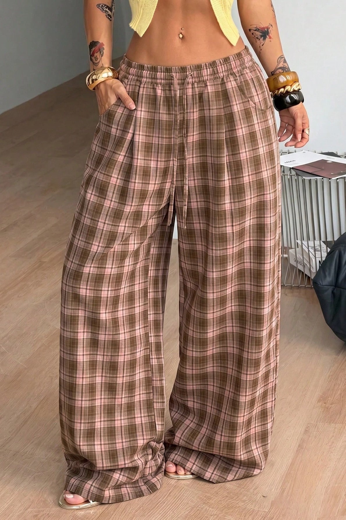 SOERA Lola Drawstring Wide Leg Plaid Pant - Pants - SOERA-447299-BRO-M-46051 Brown M