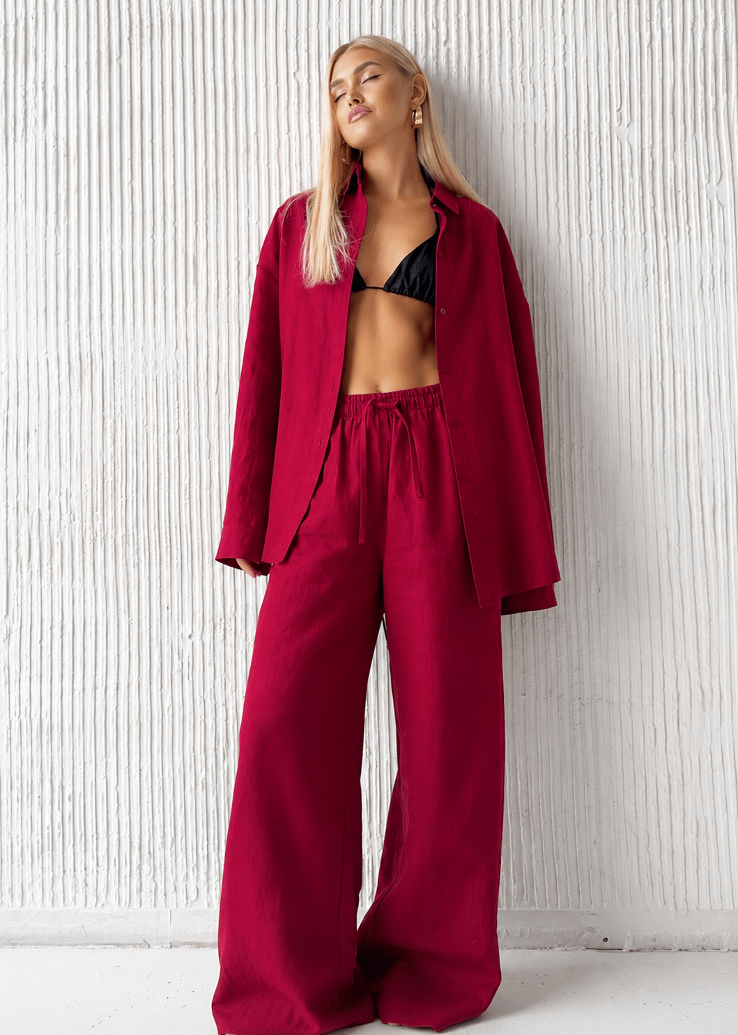 SOERA Bianca Relaxed Cotton Shirt & Wide-Leg Pants Set - Set -  Red S