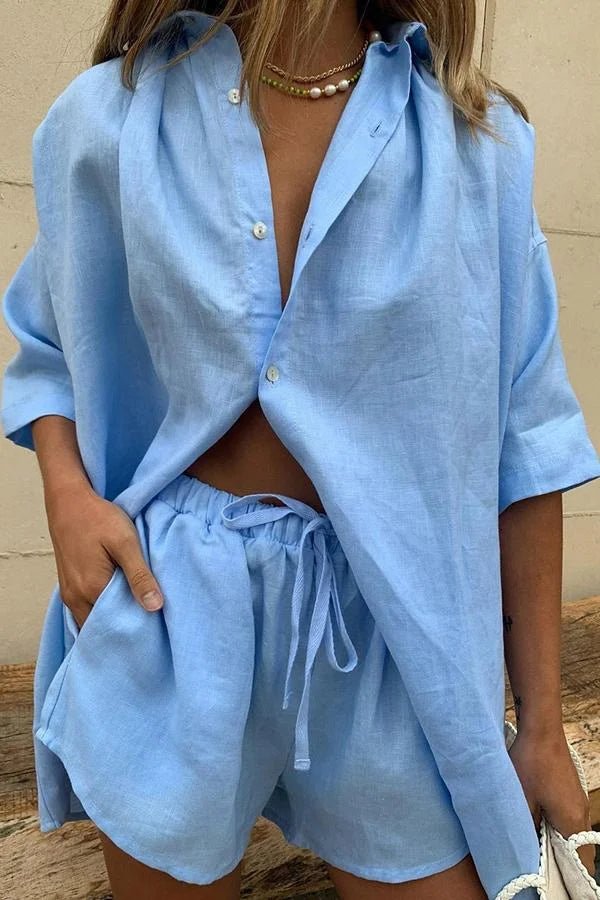 SOERA Erica Button - Down Blouse & Shorts Set - Set - 1005009100613909-;bQ1776125342985538850 Blue M