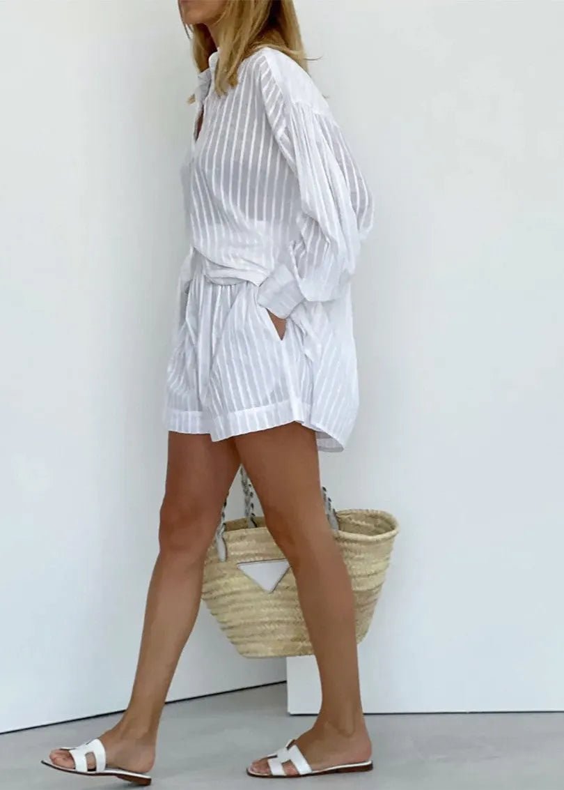 SOERA Bridget Striped Cotton Shirt and Shorts Set - Shorts -  L