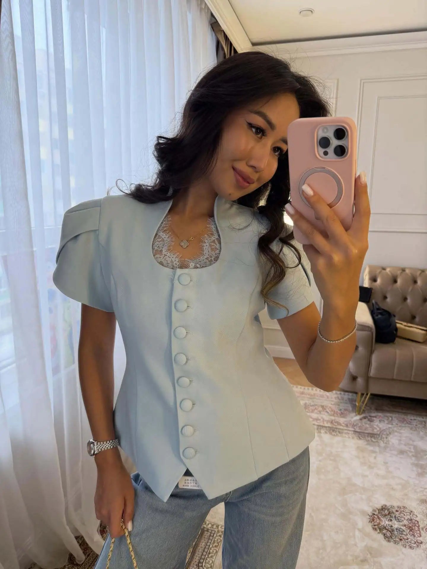 SOERA Bianca Button Front Stand Collar Top - Tops -  Blue M