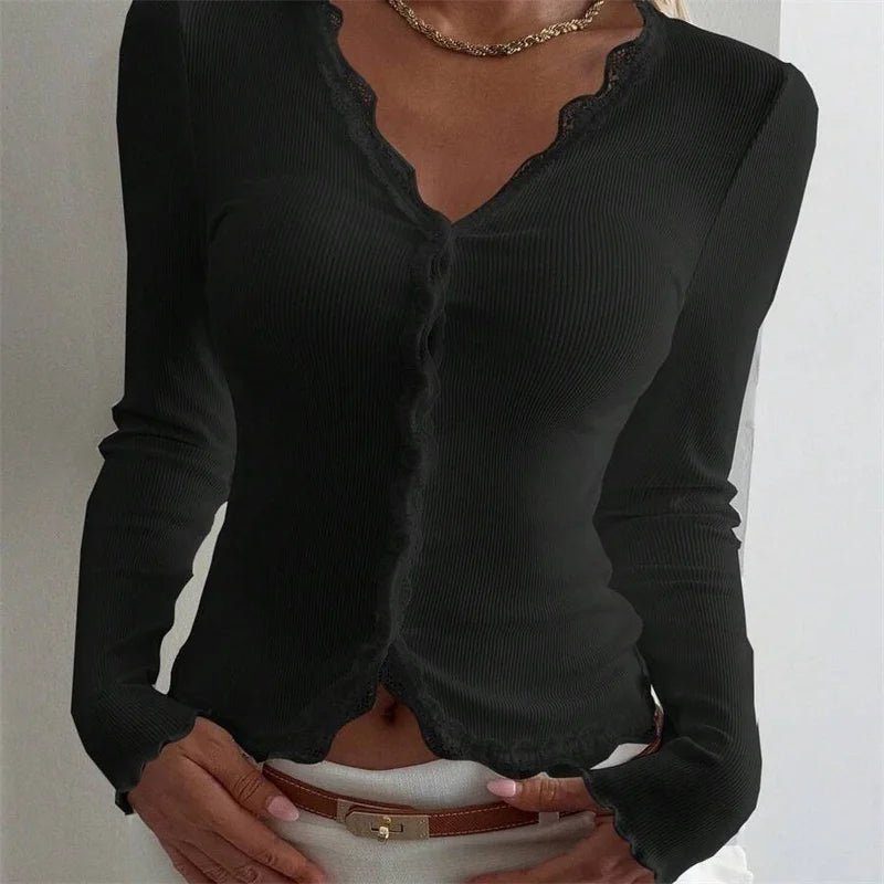 SOERA Roxana Ribbed Lace Trim V-Neck Blouse - Tops -  White S