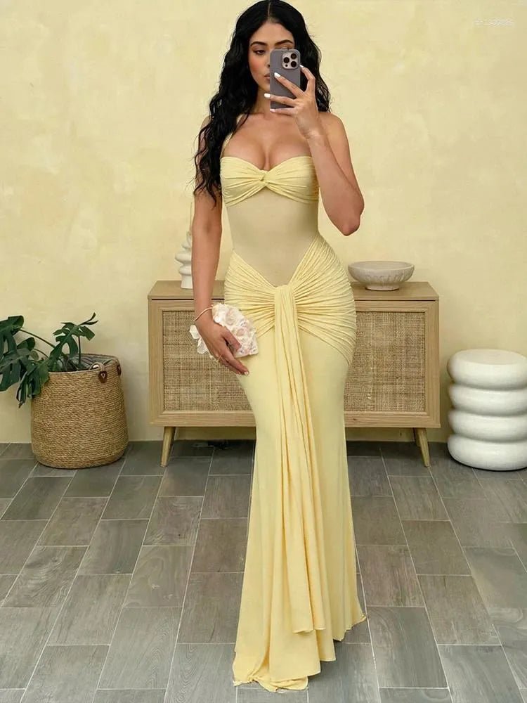 SOERA Veracity Halter Backless Ruched Maxi Dress - Dress -  Yellow S